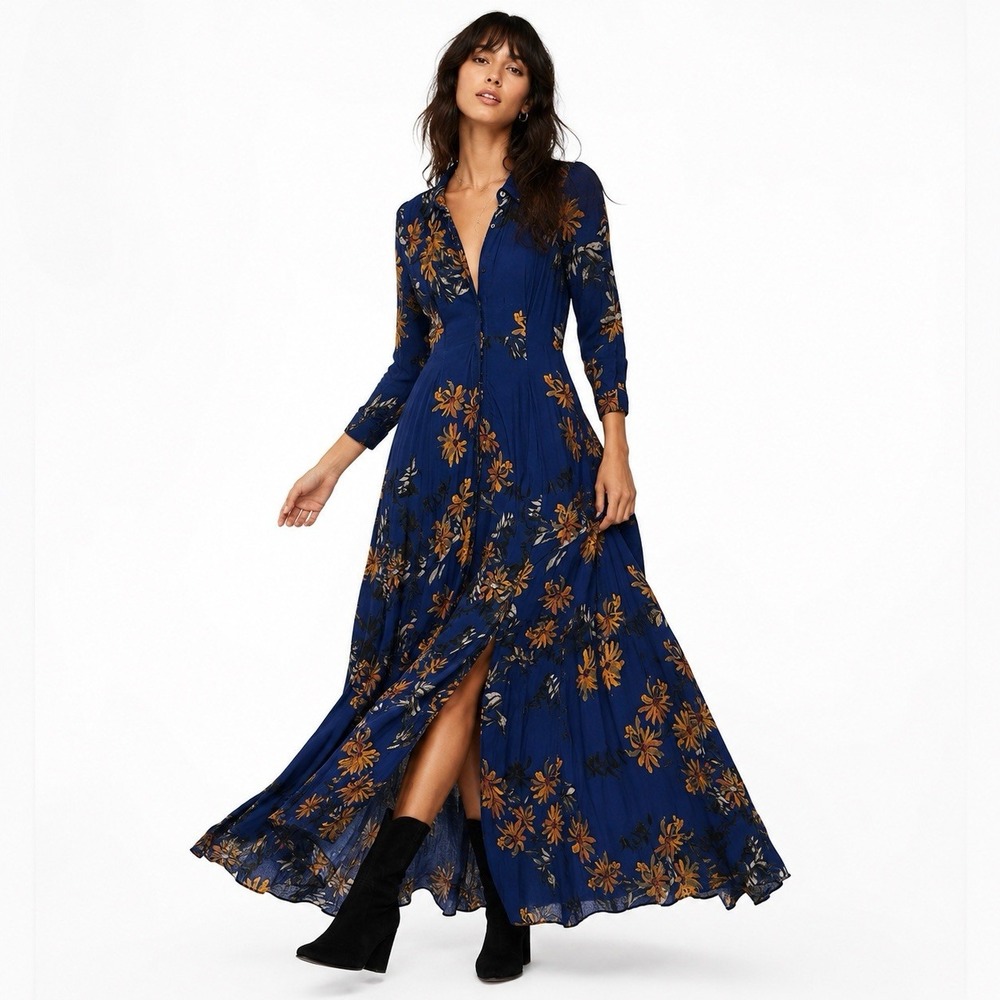 Free People After The Storm Boho Maxi Shirt Dress 0 Indie Cottage Floral Peasant